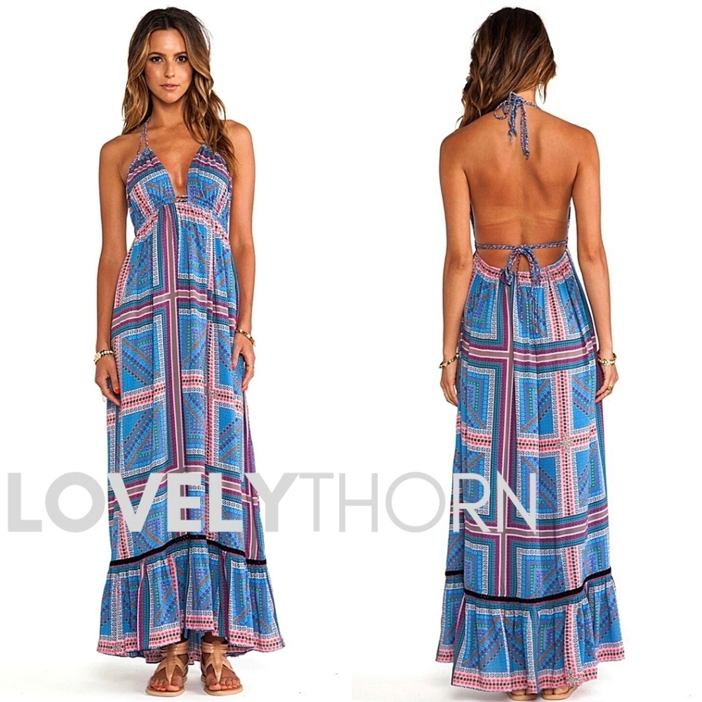 6 SHORE ROAD // ltd ed boho-chic blue print low back plunge halter maxi dress